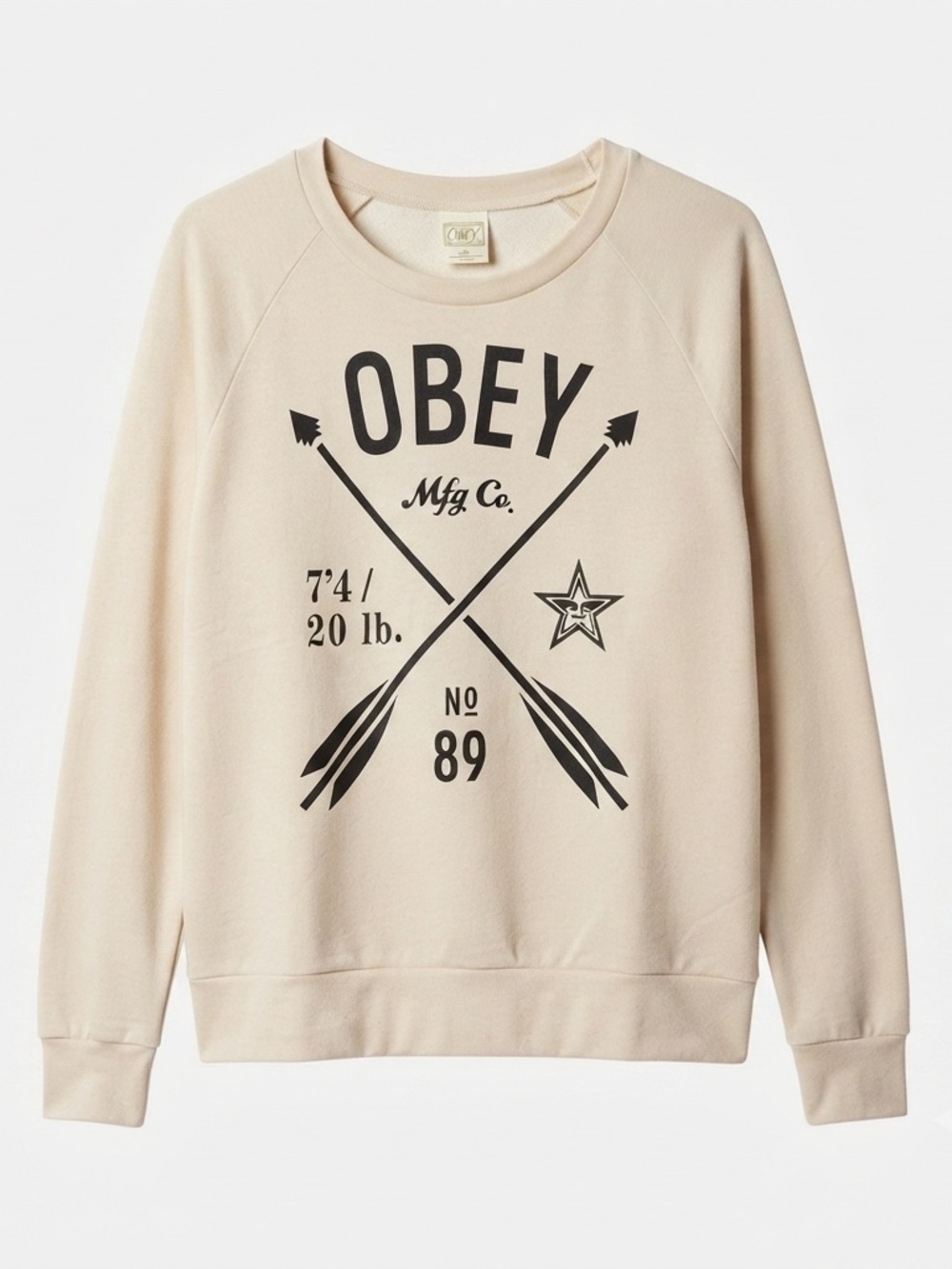Obey Mfg Co Graphic Sweatshirt Women’s Large Beige Crewneck Raglan NWOT